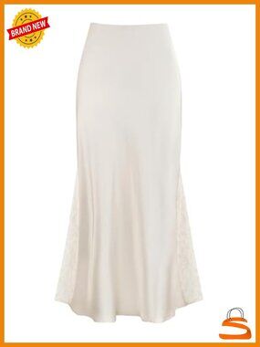 Satin Maxi Skirt High Waisted Lace Trim Patchwork Silk Elegant Long Skirt